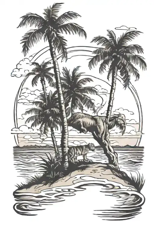 Palm Trees And Beach Scene And Florida Panther Emerging