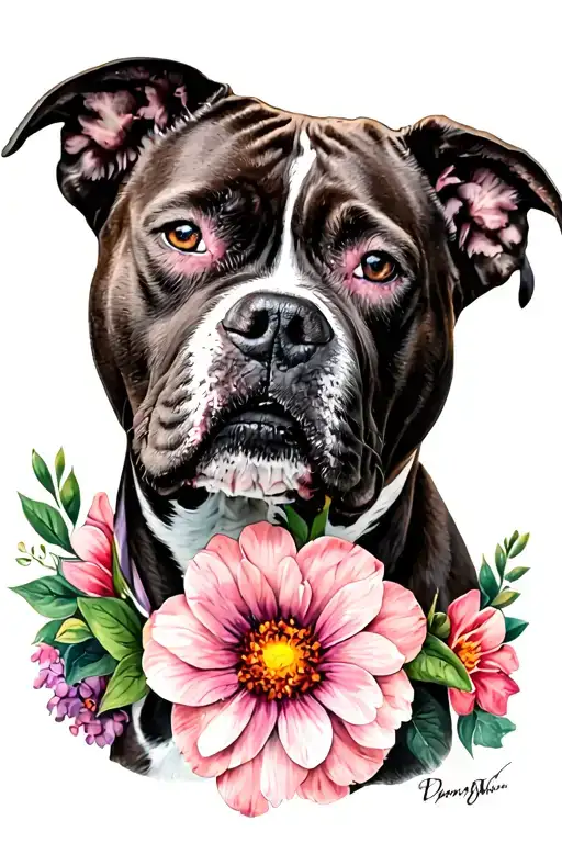 Pitbull With Flowers Wrapped