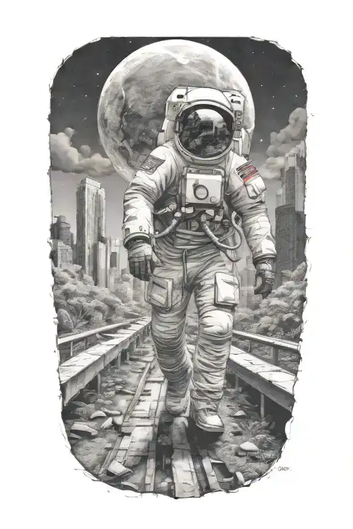Astronaut Walking Down Road In Overgrown Metropolis Crumbling Skyscrapers Under Cosmic Sky