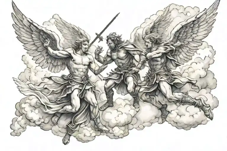 War In Heaven Angels Fighting Demons Surrounded By Clouds