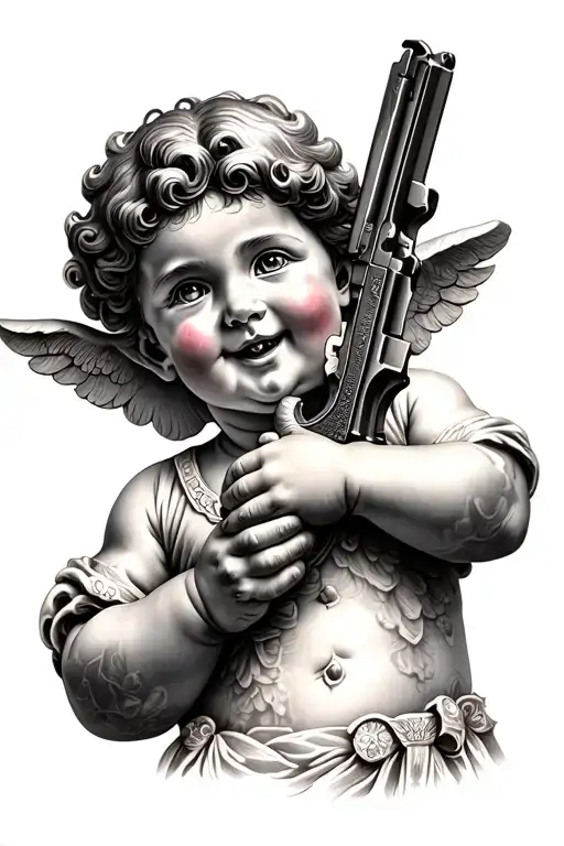 Cherub Smiling With Gun In Hands Holding