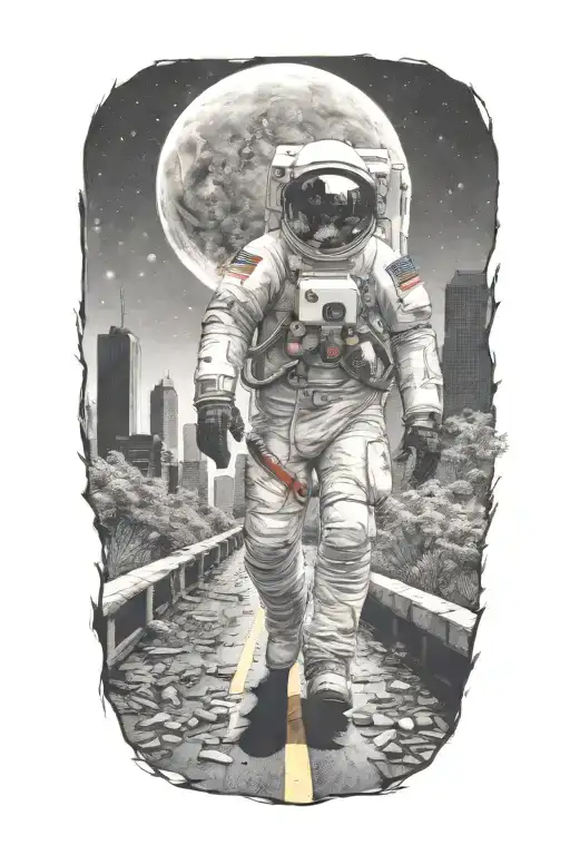 Astronaut On Horse Walking Down Road In Overgrown Metropolis Crumbling Skyscrapers Under Cosmic Sky