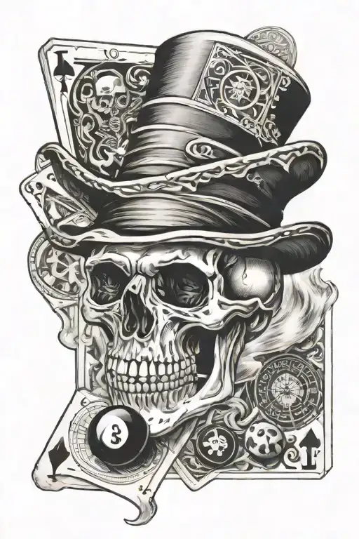 Skeleton With Magician Hat And Cards And Eight Ball