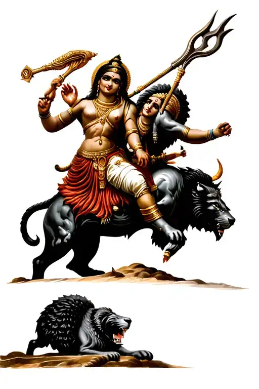 Durga Riding On Lion And Plunging Trident Into The Buffalo Demon Mahishasura