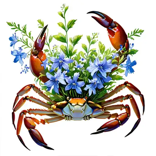 Crab Holding Bouquet Of Larkspur In Each Pincher