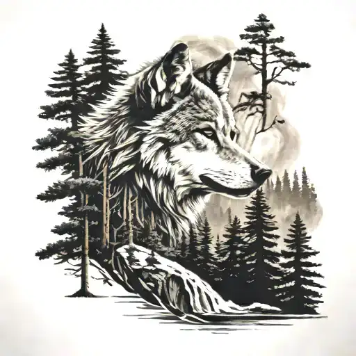 Wolf Face Blended Into Pine Trees And Waterfall