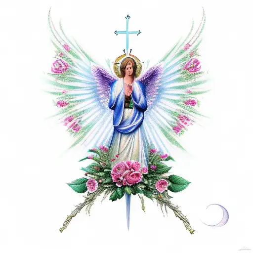 Archangel Gabriel With Roses Background And Religious Mix