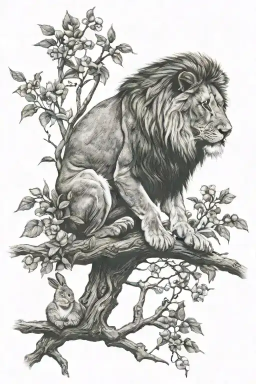 Lion On A Branch And A Rabbit