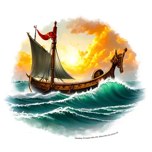 Viking Longboat With Waves And In Color