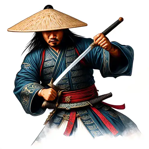 Japanese Samurai Warrior Wielding A Sword With Rice Hat
