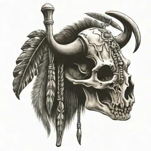 Native American Buffalo Skull With Traditional Lacrosse Sticks