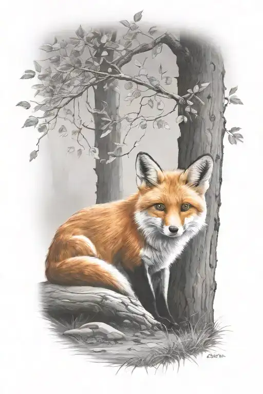 Fox Sitting Under A Tree