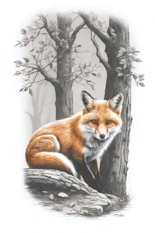 Fox Sitting Under A Tree