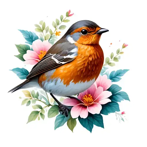 Robin Bird With Flowers
