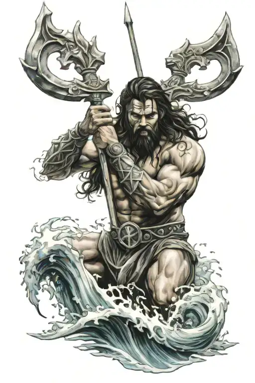 Posseidon Weilding His Trident Rising Out Of The Ocean