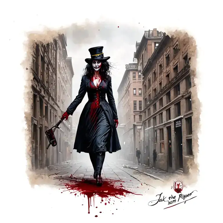 Bloody Woman Jack The Ripper Walking Past Wanted Poster With Police