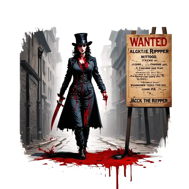 Bloody Woman Jack The Ripper Knife Walking Past Wanted Poster With Police