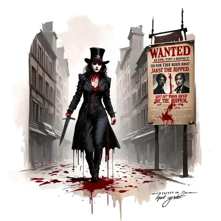 Bloody Woman Jack The Ripper Knife Walking Past Wanted Poster With Police