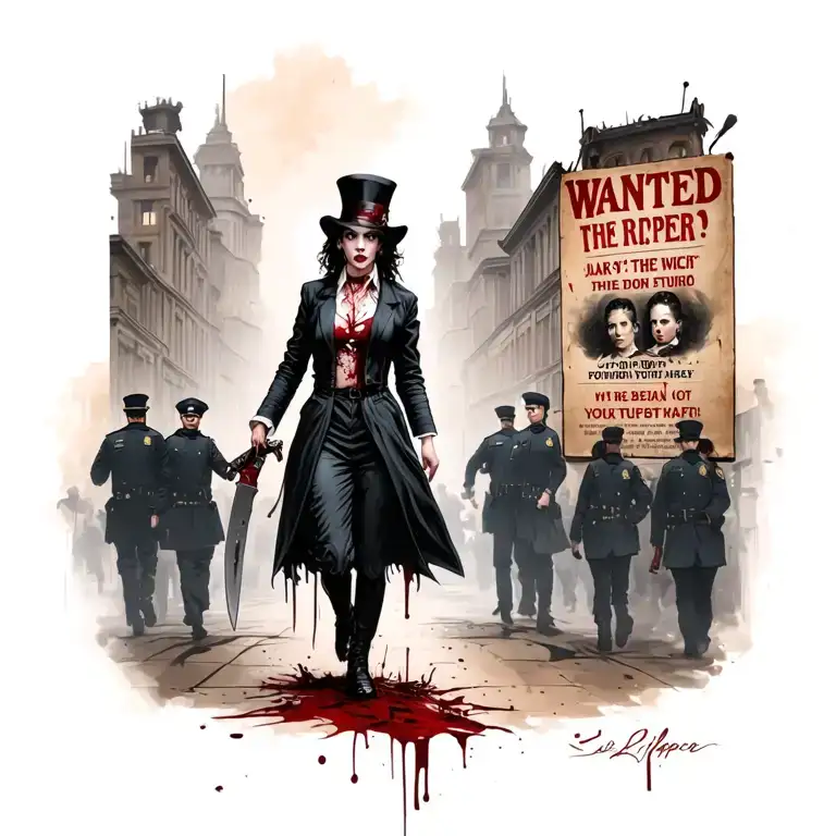 Bloody Woman Jack The Ripper Knife Walking Past Wanted Poster With Police