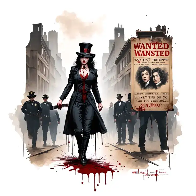 Bloody Woman Jack The Ripper Knife Walking Past Wanted Poster With Police