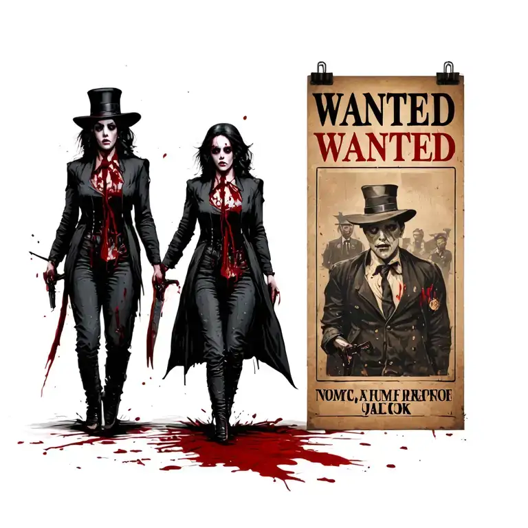 Bloody Woman Jack The Ripper Knife Walking Past Wanted Poster With Police