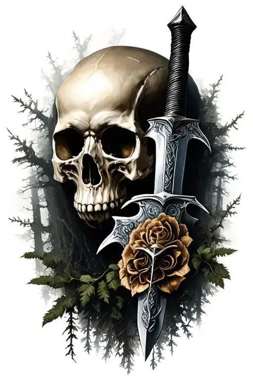 Sword Piercing Skull Surrounded By Light And Dark Forest