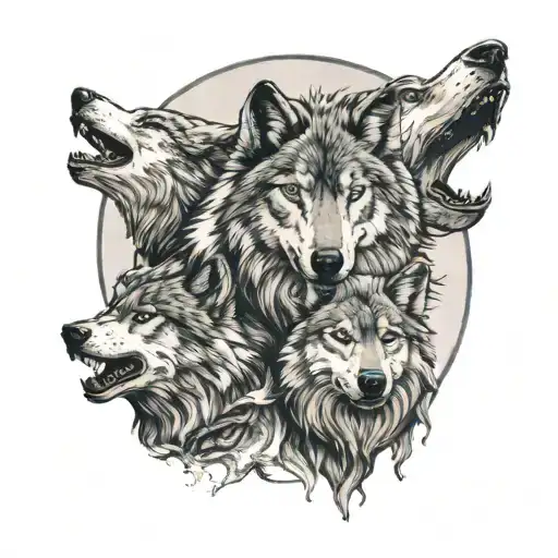 Wolf Mother With 3 Wolf Kids Howling Moon