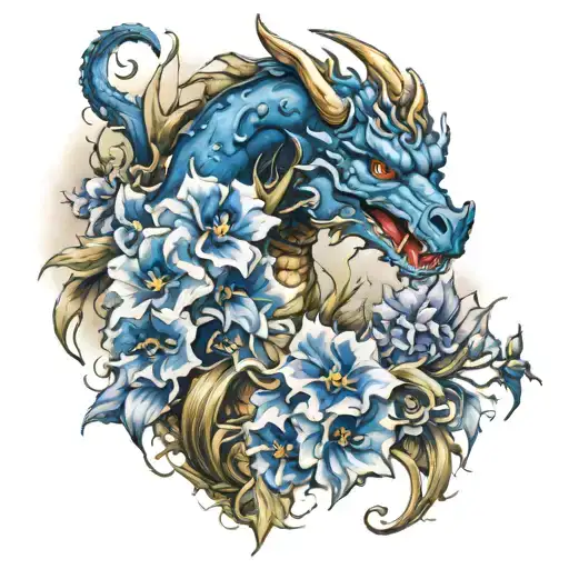 Delphinium Flowers Surrounding Brush Stroke Dragon