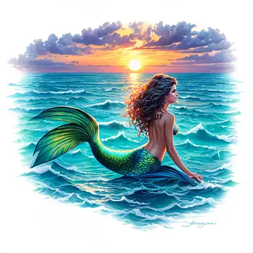 Mermaid Looking Horizon And A Sunset Far Away