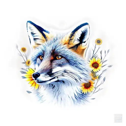 Fox Running Through Feild Of Sunflowers With Cherry Blossom Tree