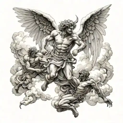 An Angel Fighting Demon Over Hell With Clouds