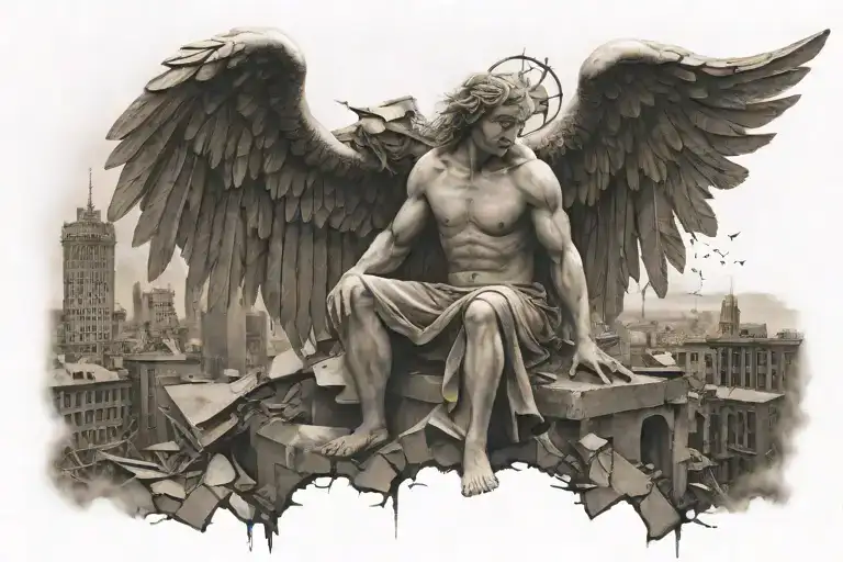 War Ravaged Guardian Angel Over Looking Destroyed Cityscape