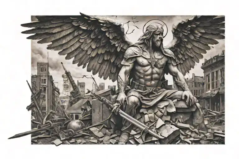 War Ravaged Guardian Angel With Weapons Over Looking Destroyed City