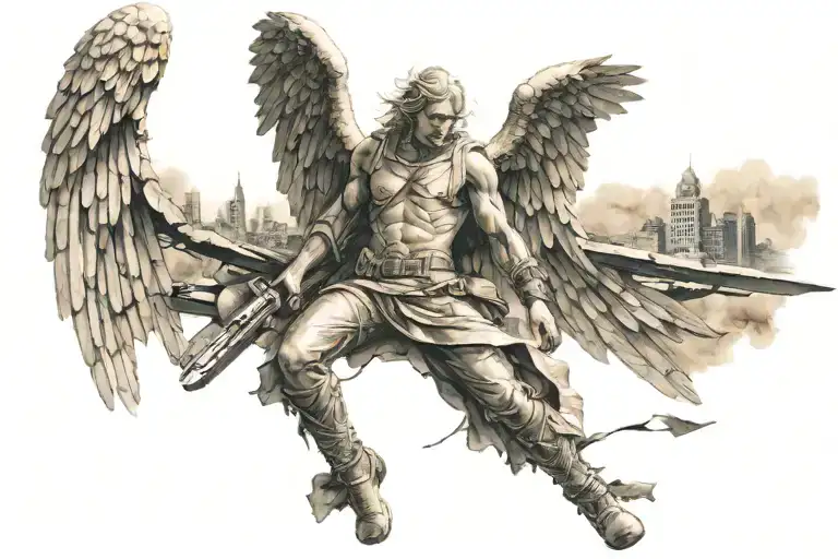 War Ravaged Guardian Angel With Weapons Over Looking Destroyed City Below Them