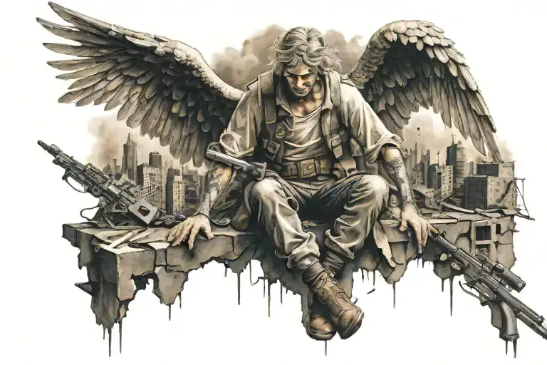 War Ravaged Guardian Angel With Weapons Looking Down On Destroyed City