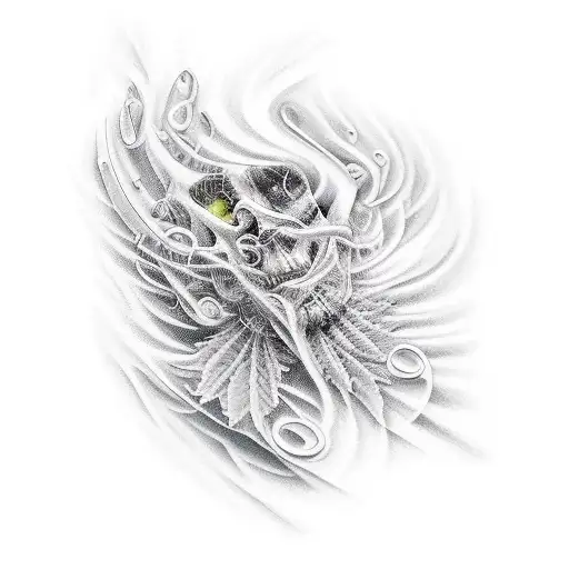 A Realistic Portrait Of Russ Or Rod Wave Surrounded By Musical Notes And Marijuana Leaves