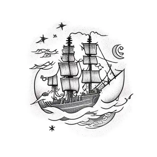 An Intricate Design Of A Pirate Ship Sailing Under A Night Sky With Shooting Stars