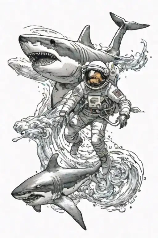 Shark In Water And Astronaut Floating In Space