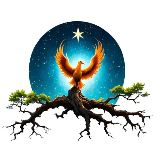 Tree With Three Strong Limbs With A Phoenix In The Tree And Star In Background Sky