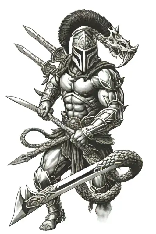 Spartan Wielding Sword With Snake Around It