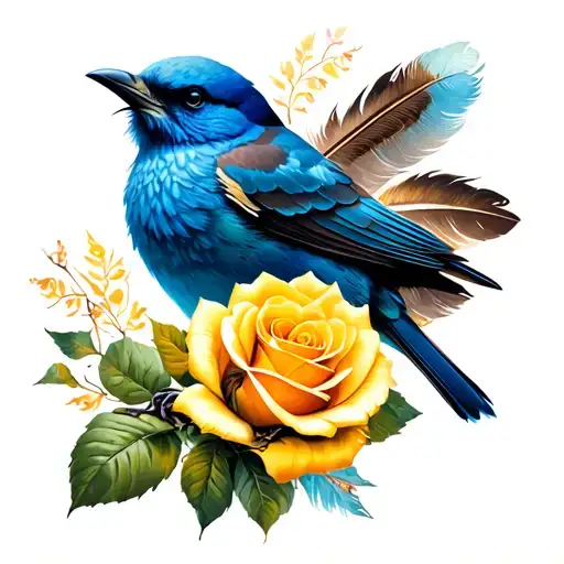 Bluebird With A Yellow Rose And An Eagle Feather