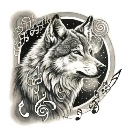 A Realistic Portrait Of A Wolf Howling At The Moon With Musical Notes Flowing Around It