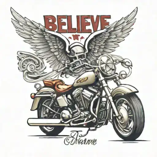 A Motorcycle With Wings Soaring Over A Highway With The Word 'Believe'