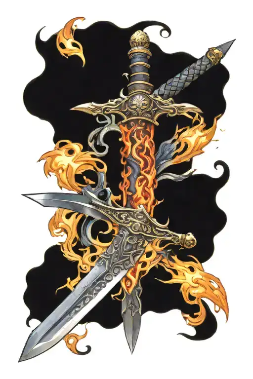 Multicolor Sword And Magic Tattoo With Dark Background And Fire Around It