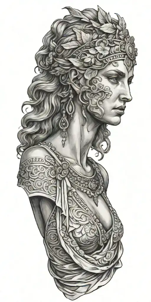 The Full Front Side Of A Ancient Greek Goddess With Dress And Hands Down