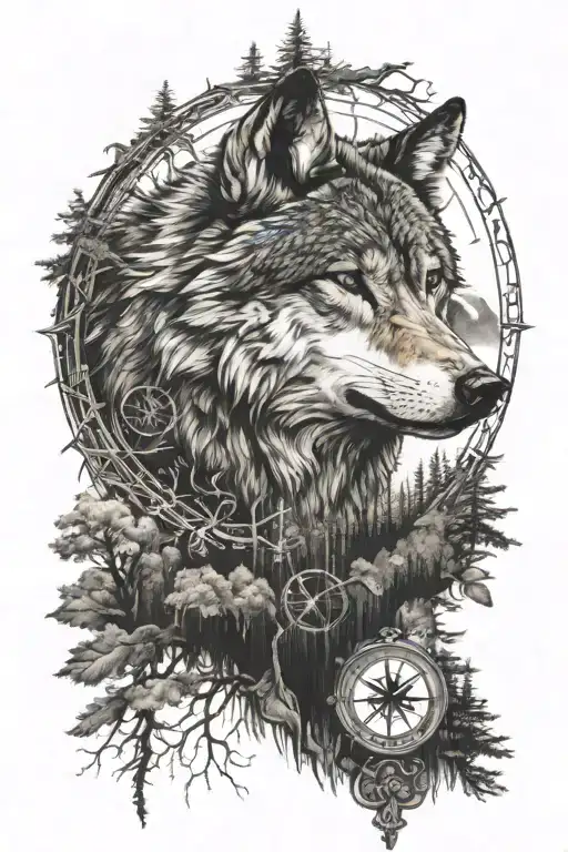 Wolf Compass Forest Landscape Moon
