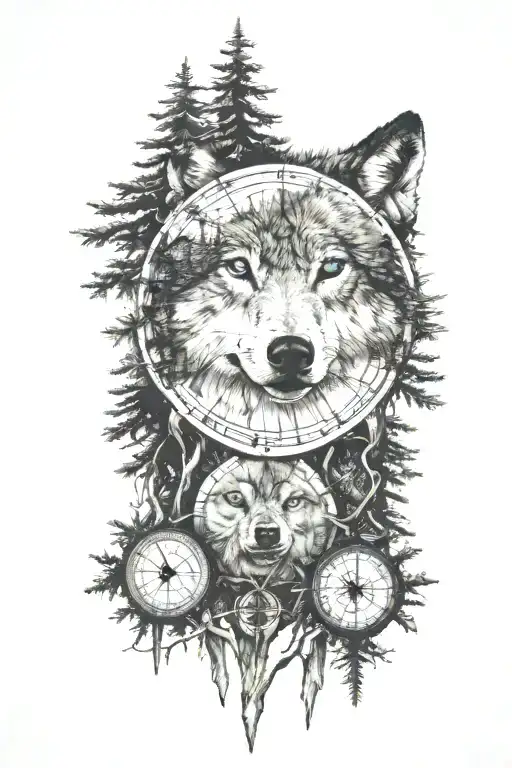 Dense Pineforest Landscape Wolf Compass