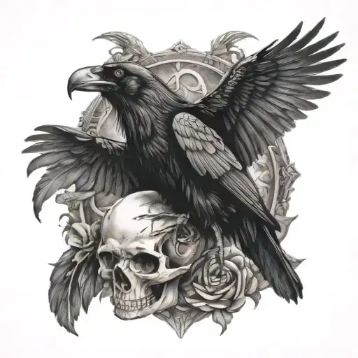 Raven Holding Skull In Talons With Mystical Symbols Around It