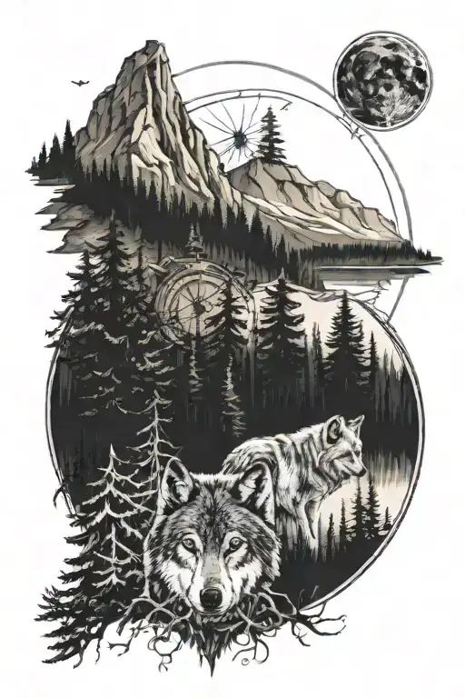 Dense Pineforest Mountain Landscape Wolf Compass