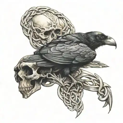 Raven Holding Skull In Talons With Celtic Symbols Around It